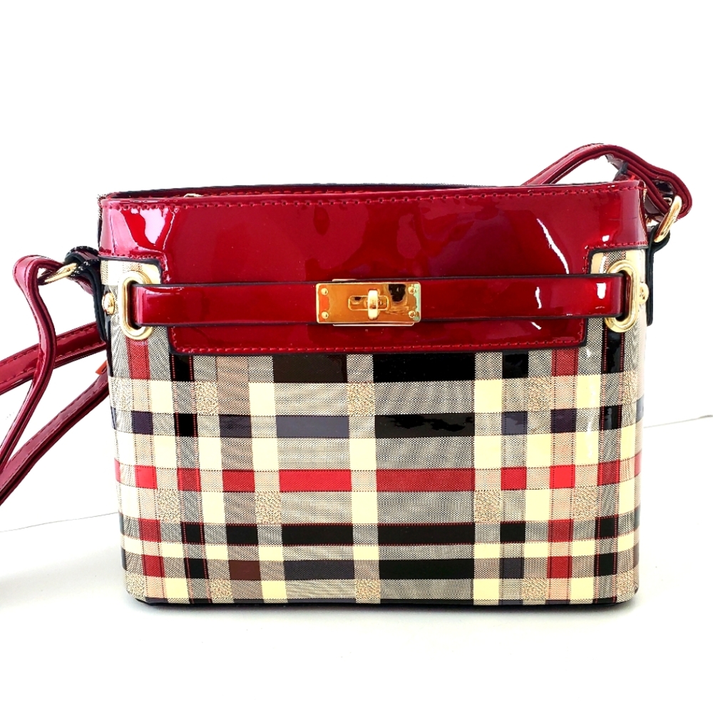 Diophy Red Checkered Patent Leather Crossbody Purse